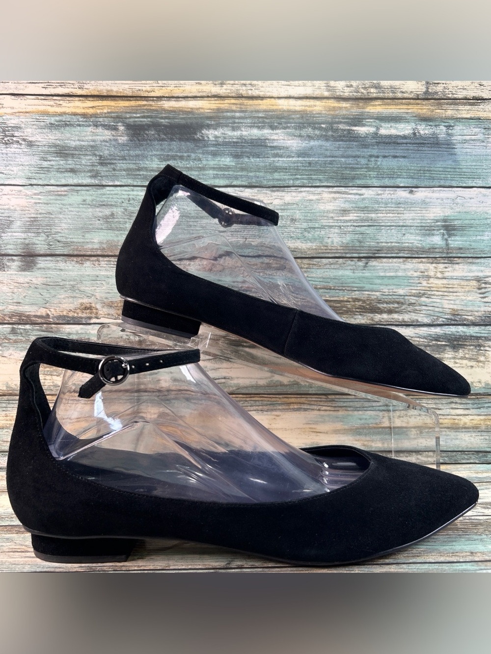 BANANA REPUBLIC Ankle Strap Pointed Toe Minimalist Flats Size 9 Black Suede Shoe